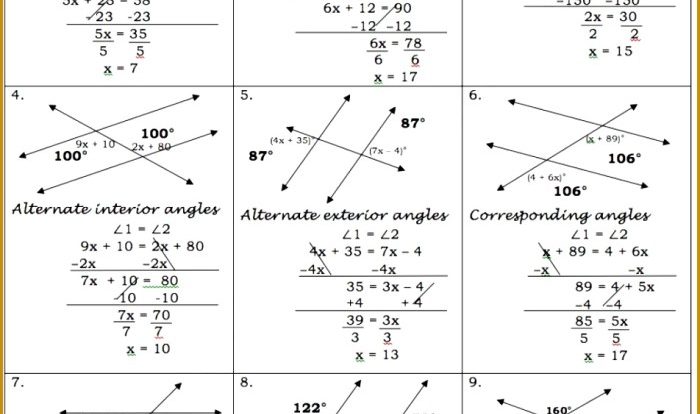 Parallel lines cut by a transversal worksheet answers